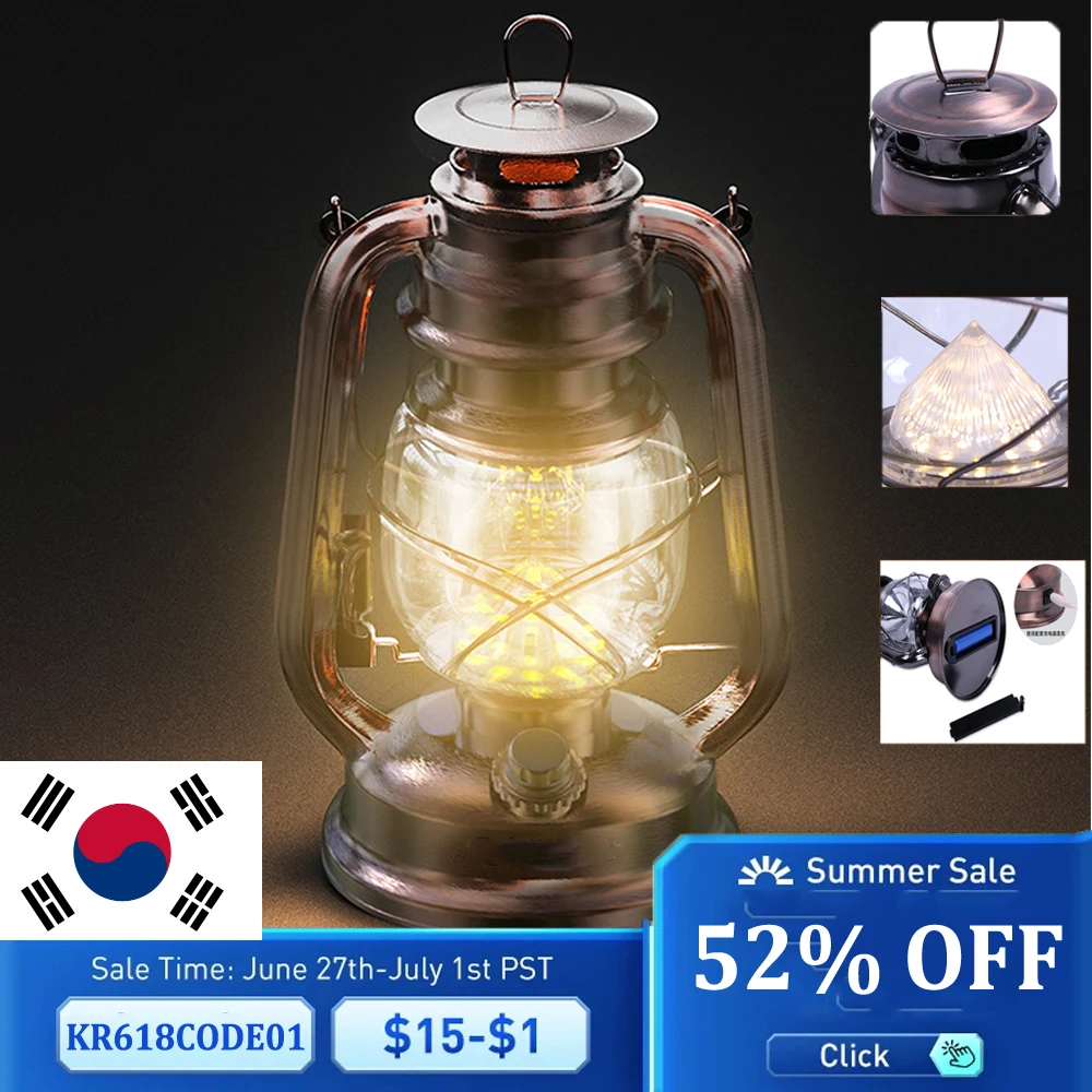 Vintage Camping Lantern Light Rechargeable USB LED Dimming Outdoor Tent Travel Solar Kerosene Lamp Lantern Stand Hanger Supplies