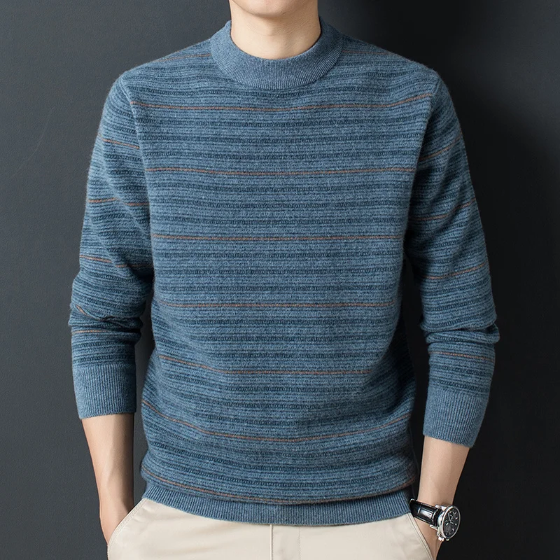 

cashmere Sweater men's padded casual round neck sweater Young men's striped knit warm winter sweater.