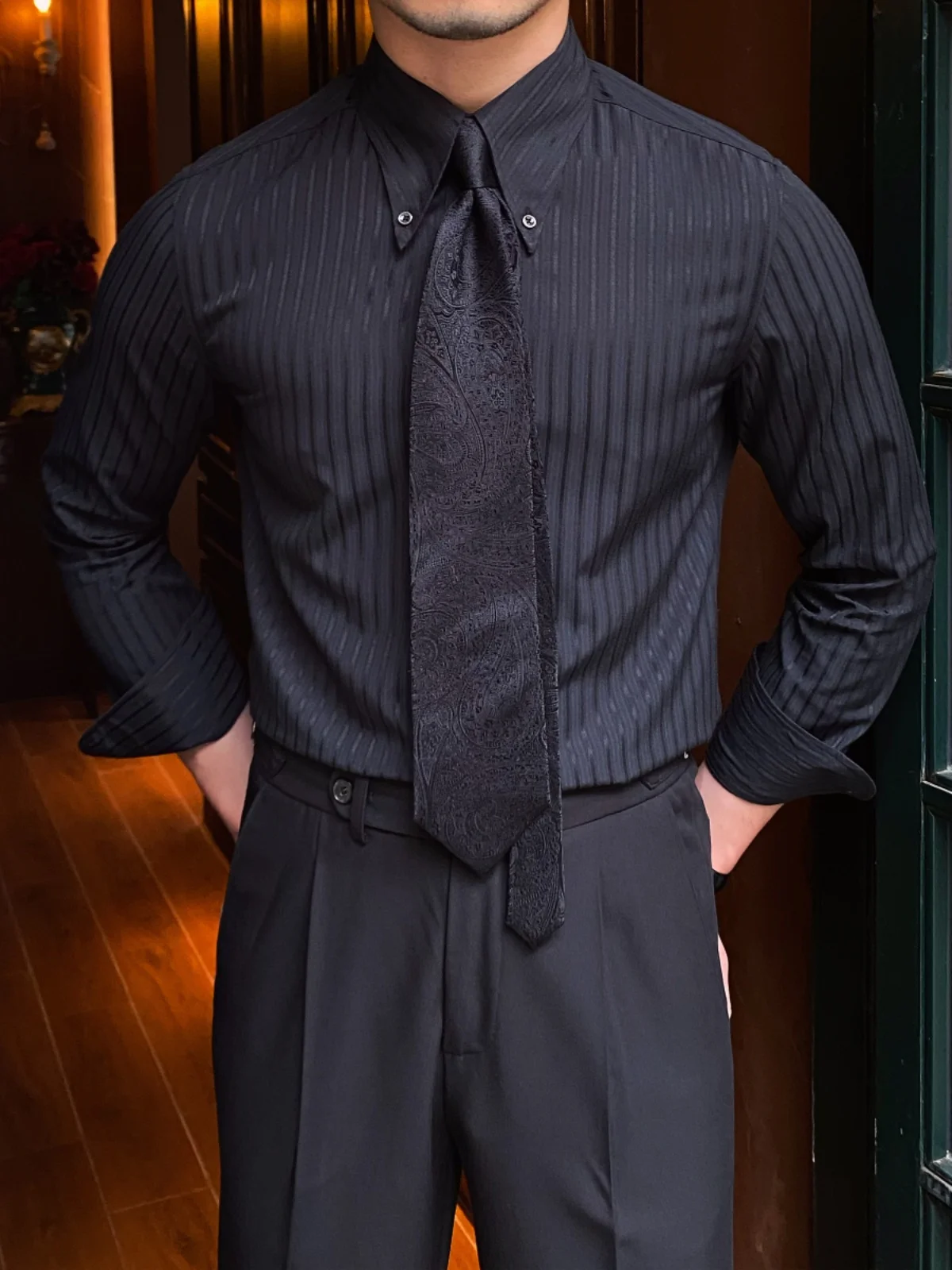 High-End Gentry Vintage Pointed Collar Striped Long-Sleeved Shirt British Thin and All-Matching Leisure Commute Shirt Trendy Men