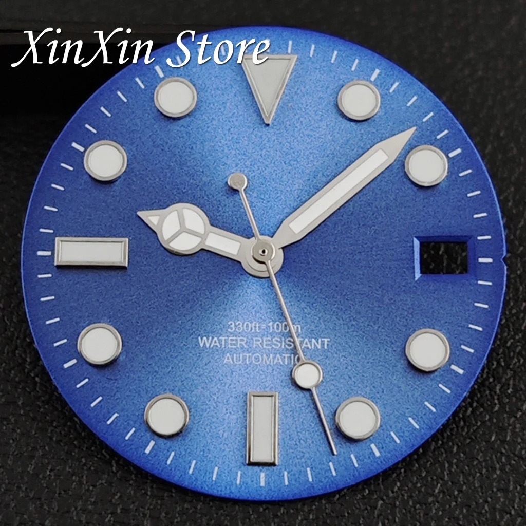 28,5 mm blaues Zifferblatt mit Sonnenstrahl-Design, leuchtenden Markierungen und Datumsfenster, DIY-Reparatur-Uhrenzubehör für mechanische Uhrwerke NH35 und NH36