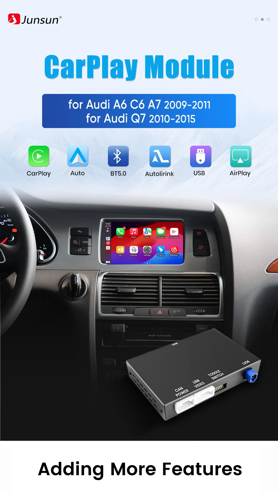 Junsun Wireless CarPlay Android Auto Decoder für Audi A6 C6 A7 C7 2009-2011 für Audi Q7 2010-2015 MMI 3G Airplay Mirror Link – Detail 1