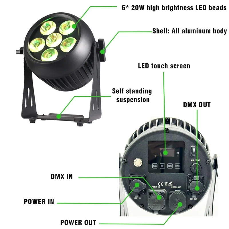 IP65 6*20W RGBWA UV 6in1 LED Disco light Uplights Battery Wireless WIFI APP Par Light For Wedding Party Dj Lights Stage Par Can