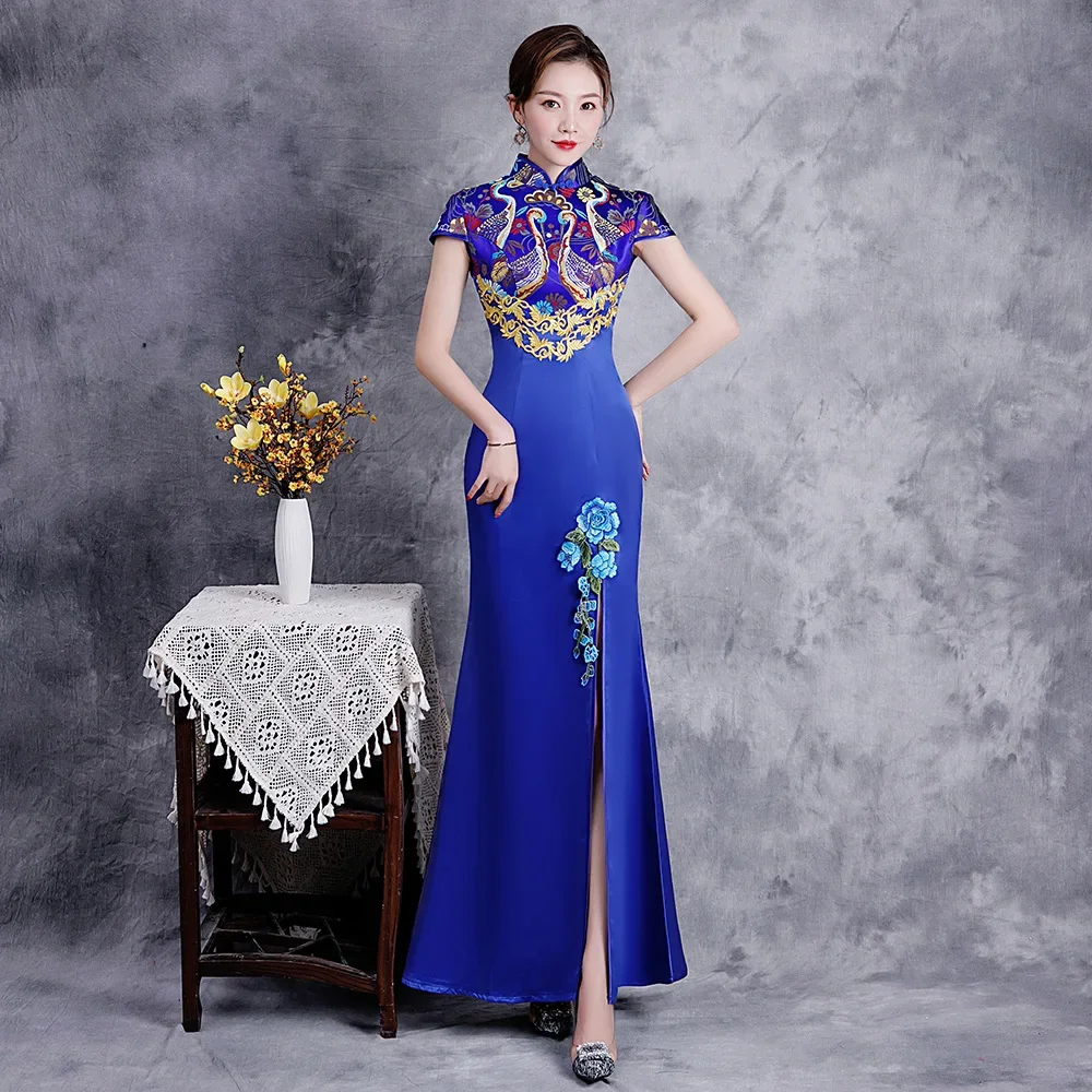 

Элегантное платье Miss Etiquette с длинной вилкой Cheongsam, китайское классическое женское платье Ципао с коротким рукавом, сексуальное вечернее платье с рыбьим хвостом