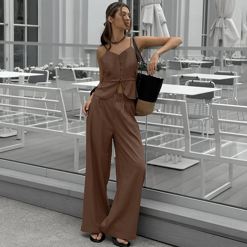 Chic Summer Cotton Pants Sets Summer Suspender Vest High Waist Wide Leg Pants Two-piece Set Design Sense Commuter French Y2K