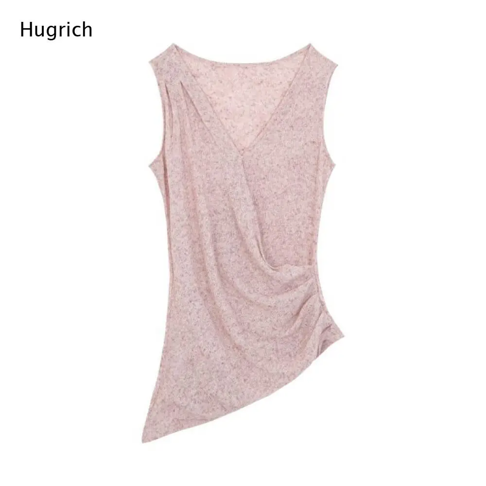 V Neck Wrap Sleeveless Knit Camisole Side Ruched Asymmetric Hem Heather Pink Slim Outdoor Casual Womens Top