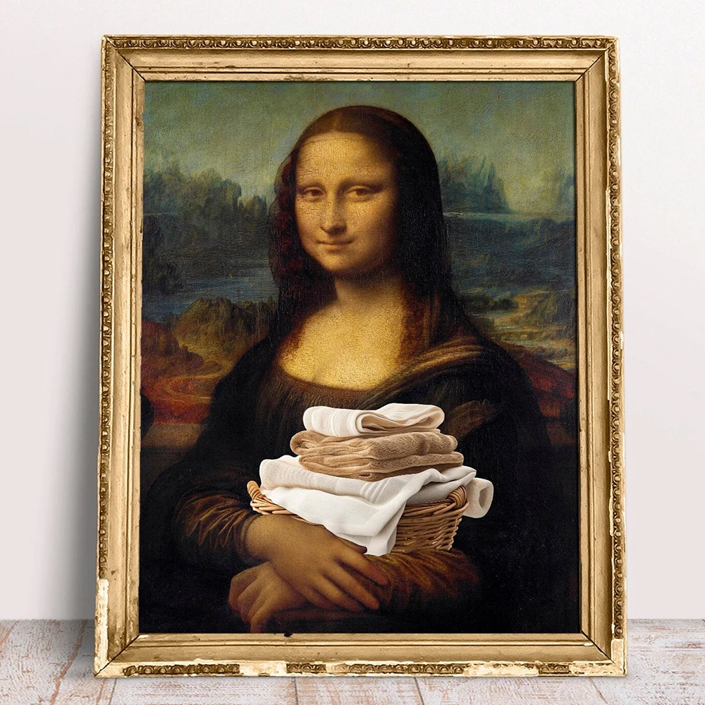 Funny Bathroom Altered Art Posters Mona Lisa with Basket with Clean Towels Prints for Laundry Washroom Bathroom Home Decoration