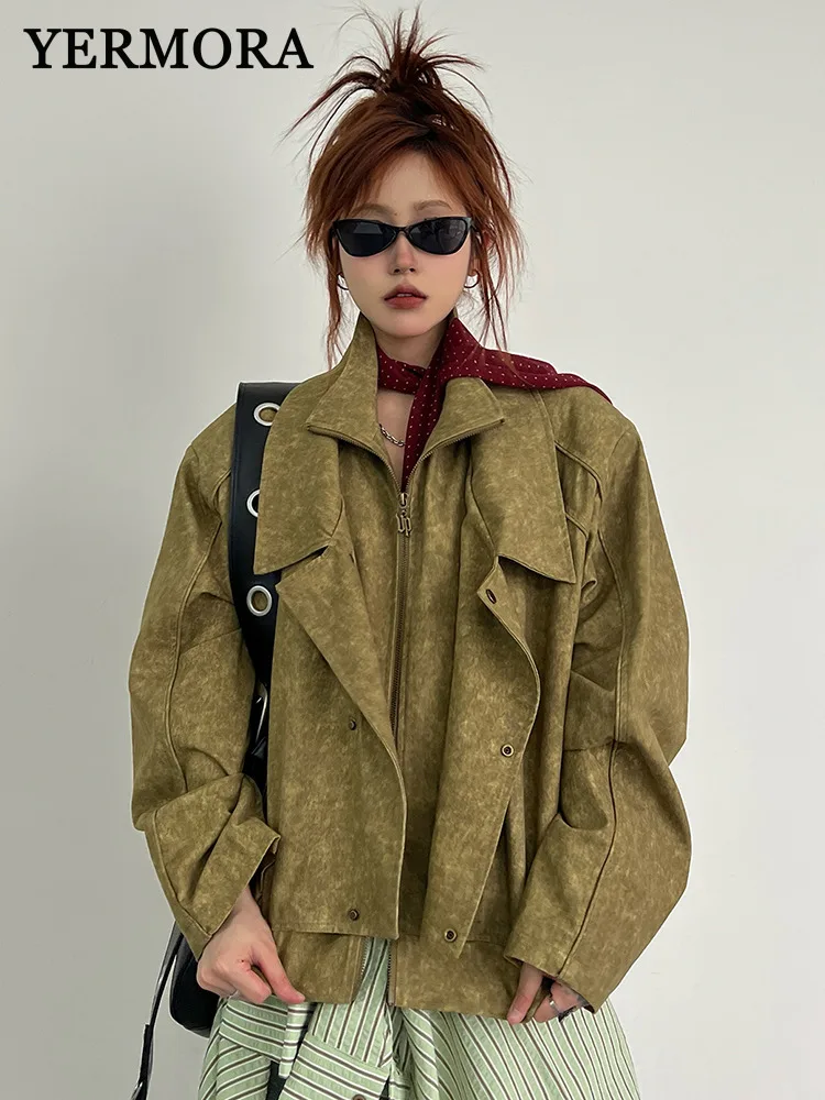 

YERMORA зеленая искусственная куртка из двух предметов для женщин, свободное новое пальто с лацканами и длинными рукавами, модное пальто, весна-осень 2025
