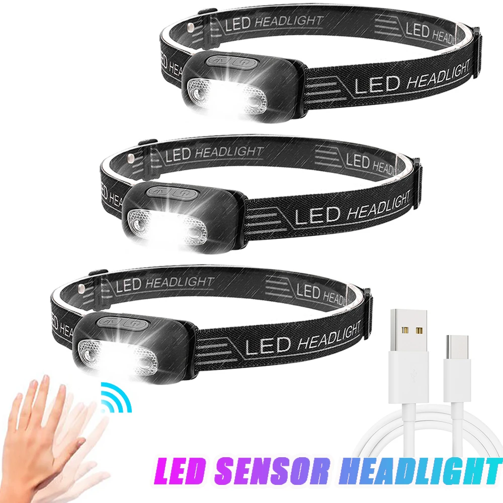 モーションセンサー付きミニLEDヘッドランプ,USB充電式,防水,屋外,ハイキング,キャンプ用