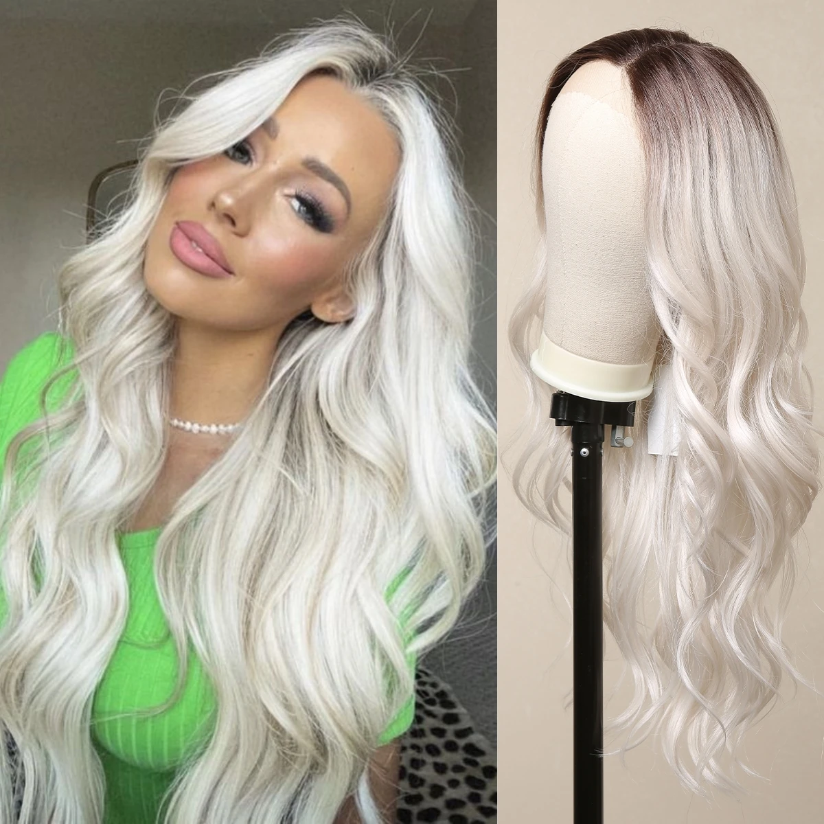 

White Blonde Synthetic Lace Front Wigs For Black Women Long Body Wave Lace Wig Dark Root Layered Ombre Blonde Wigs Cosplay Wig