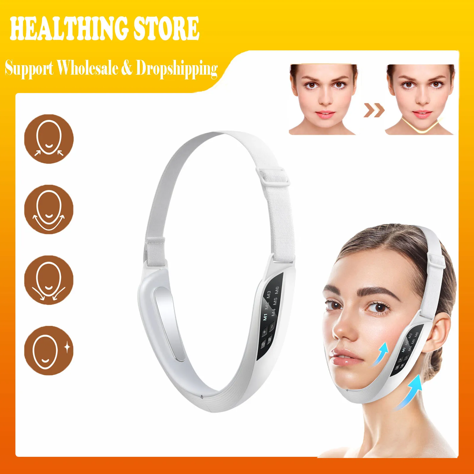 EMS Vフェイスデバイス フェイシャルマッサージツール - 6モード スキンセンサー 二重あご解消 8段階強度 首と頬の美容ケア