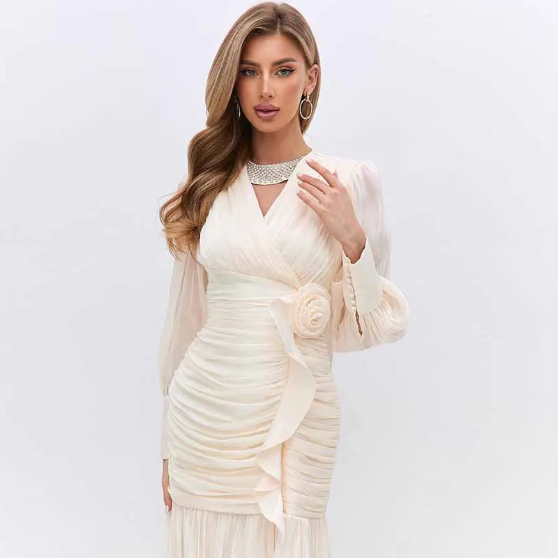 

2025New Chiffon Handmade Flower Pleat Sheath Jewel Midi Dresses Bespoke Occasion Party Simple Exquisite