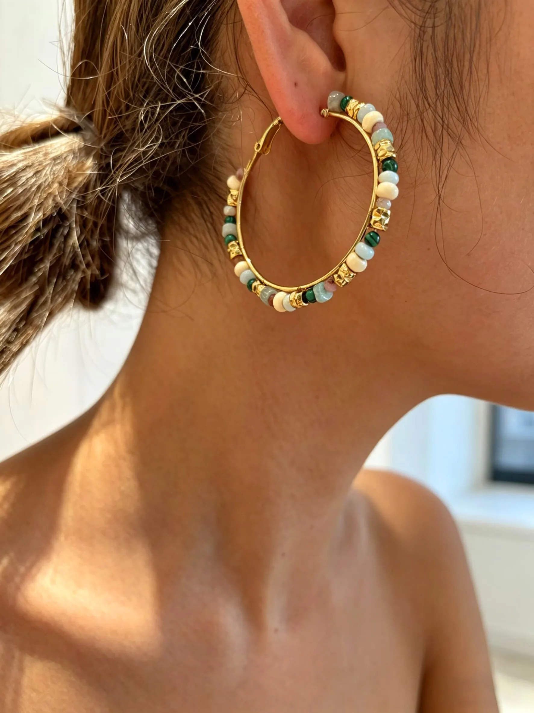 Peri'sbox Vintage Jewelry Multi Colored Natural Stone Gold Bottom Earrings Women's Stainless Steel Hot Selling Design Accessorie