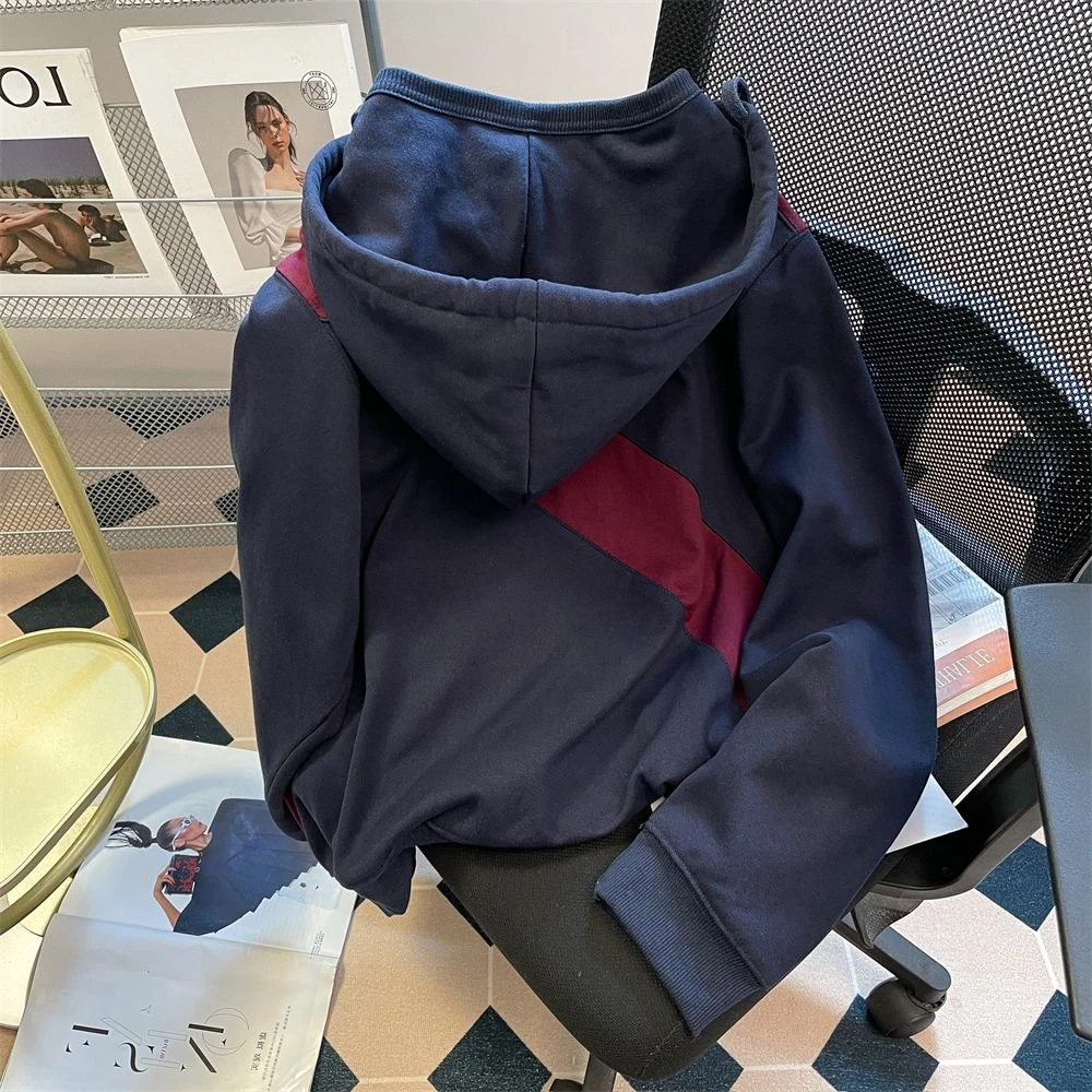 Vintage Color Block Zip Up Hoodie Men Women Retro Casual Contrast Stitching Jacket Spring Autumn Streetwear Tops