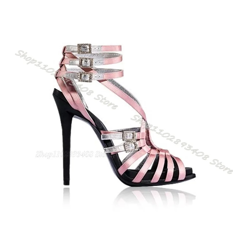 

Pink Ankle Buckle Sandals Glitter Peep Toe British Style Thin High Heels Shoes Elegant Party Sexy Sandals Zapatos Para Mujere