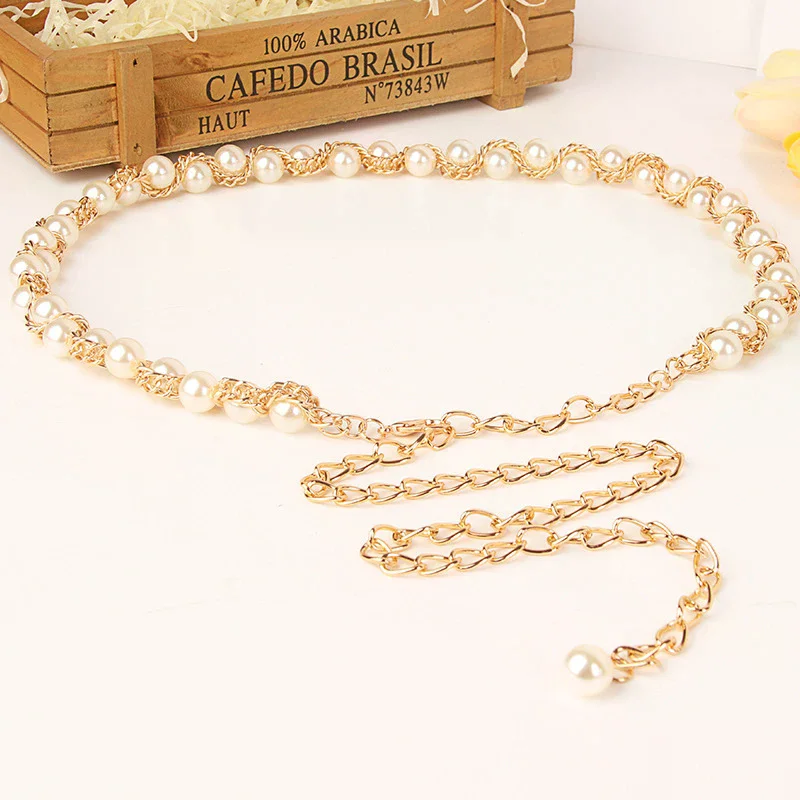 Ladies Metallic Waist Chains Fashion Adjustable Pearl Waist Belt Girl Dress Accessories Sweater Matching Belt Beaded Waist Chain
