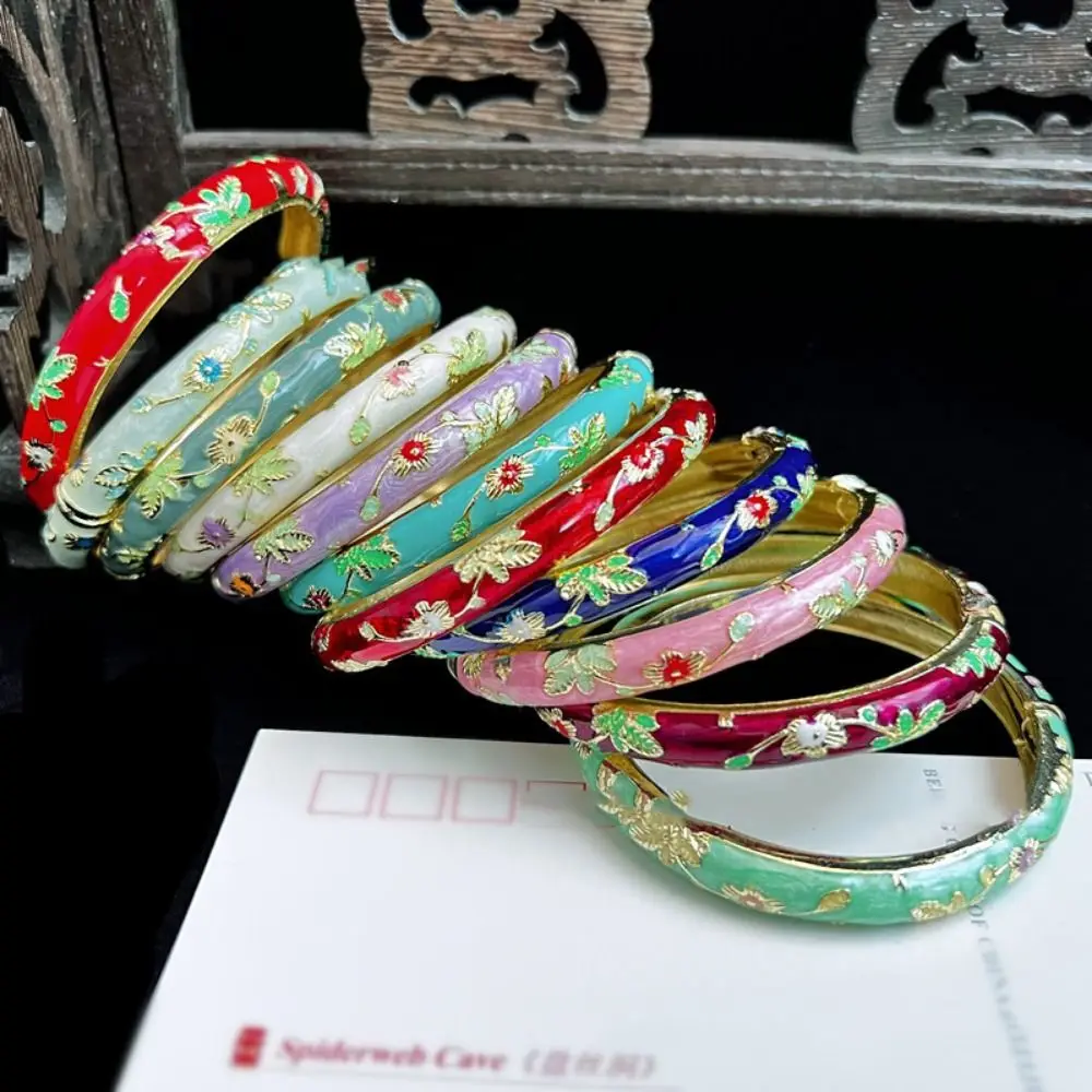 Vintage Chinese Cloisonne Bracelet Peony Filigree Flower Bangle Ethnic Style Jewelry Gifts Handmade Scenic Spot Girl Retro
