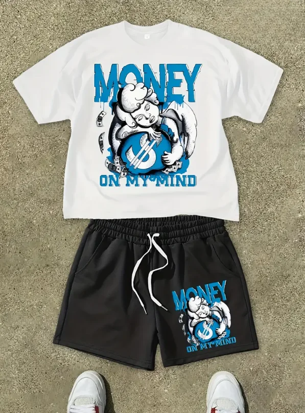 

25/26 New Summer Set Men's T-shirt Trendy American Street Printed Round Neck Men's Set Trendy Handsome Sports Two Piece Set