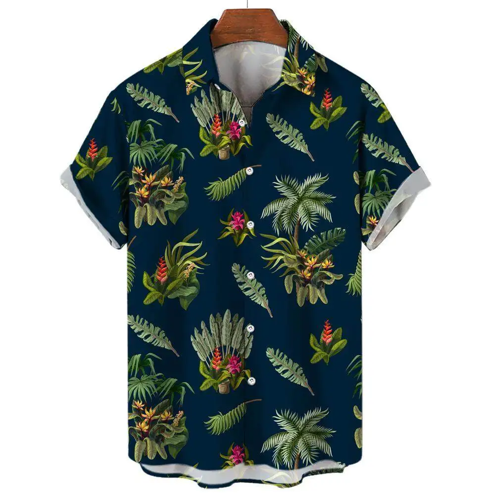 Summer Fashion Men\'s Short Sleeve Shirt Hawaiian Coconut Tree Print Street Casual Seaside Vacation Oversized Men\'s Shirt Tops