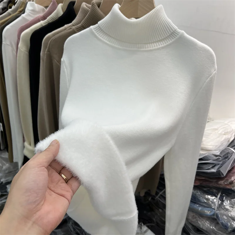 Maglione da donna con collo alto foderato in pelliccia sintetica Bla Abbigliamento interno invernale Pendolarismo Sle Long Sve Top di lunghezza regolare