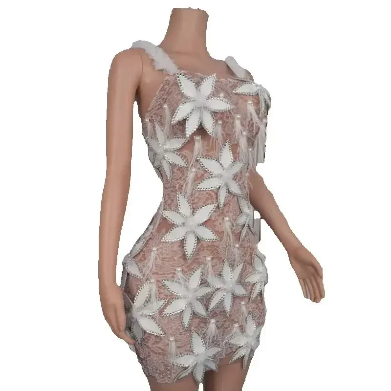 Flower Rhinestones Evening Dresses Women Celebrate Gogo Costume Nightclub Bar Dj Ds Party Stage Festival Outfit