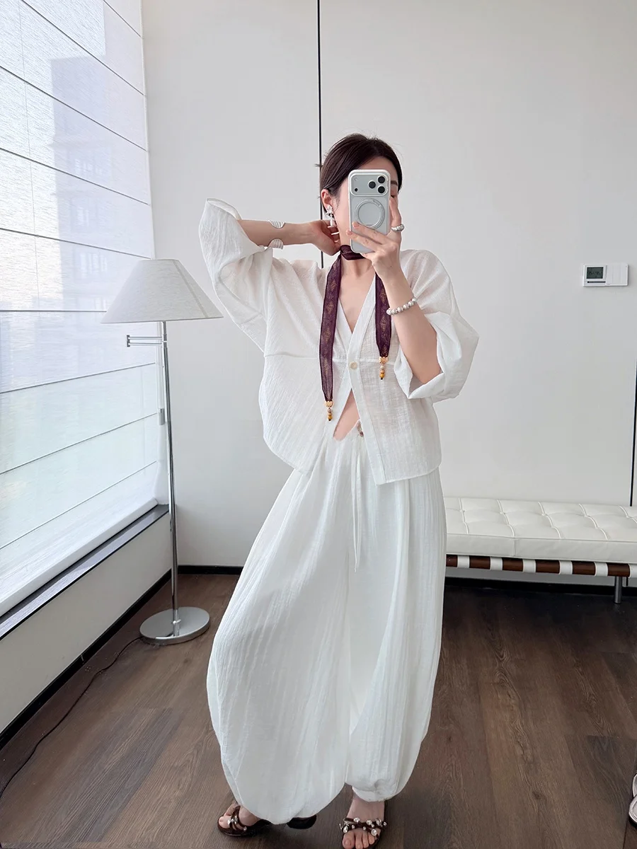 

Sun Protection Loose Fit V-Neck Shirt And High Waist Lantern Pants Set Cloud Texture Lazy Style Fashionable Two-Piece Suit
