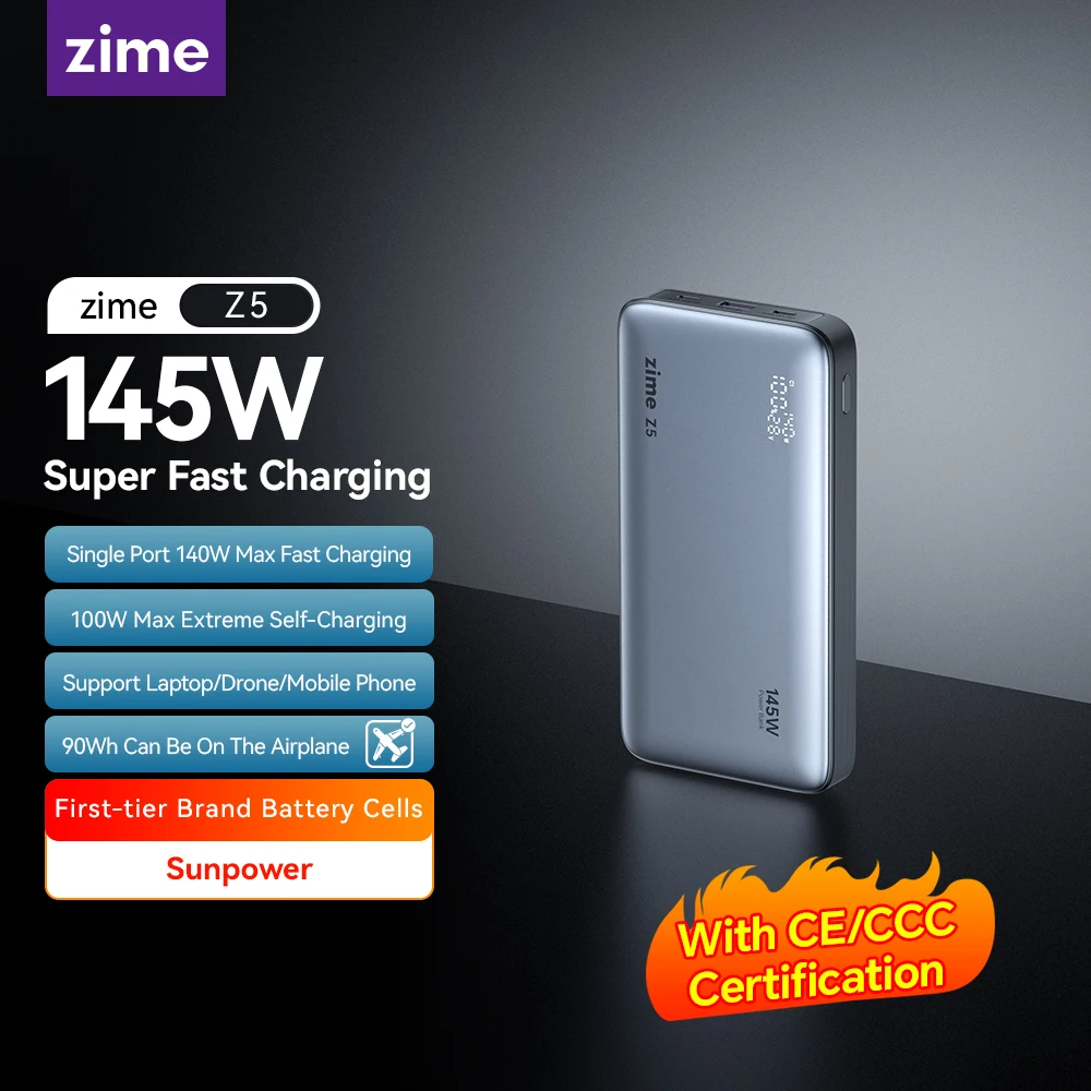 

zime Z5 145W PowerBank 25000mAh PD Fast Charging High-wattage Portable Charger For Laptops And Phones With External Battery
