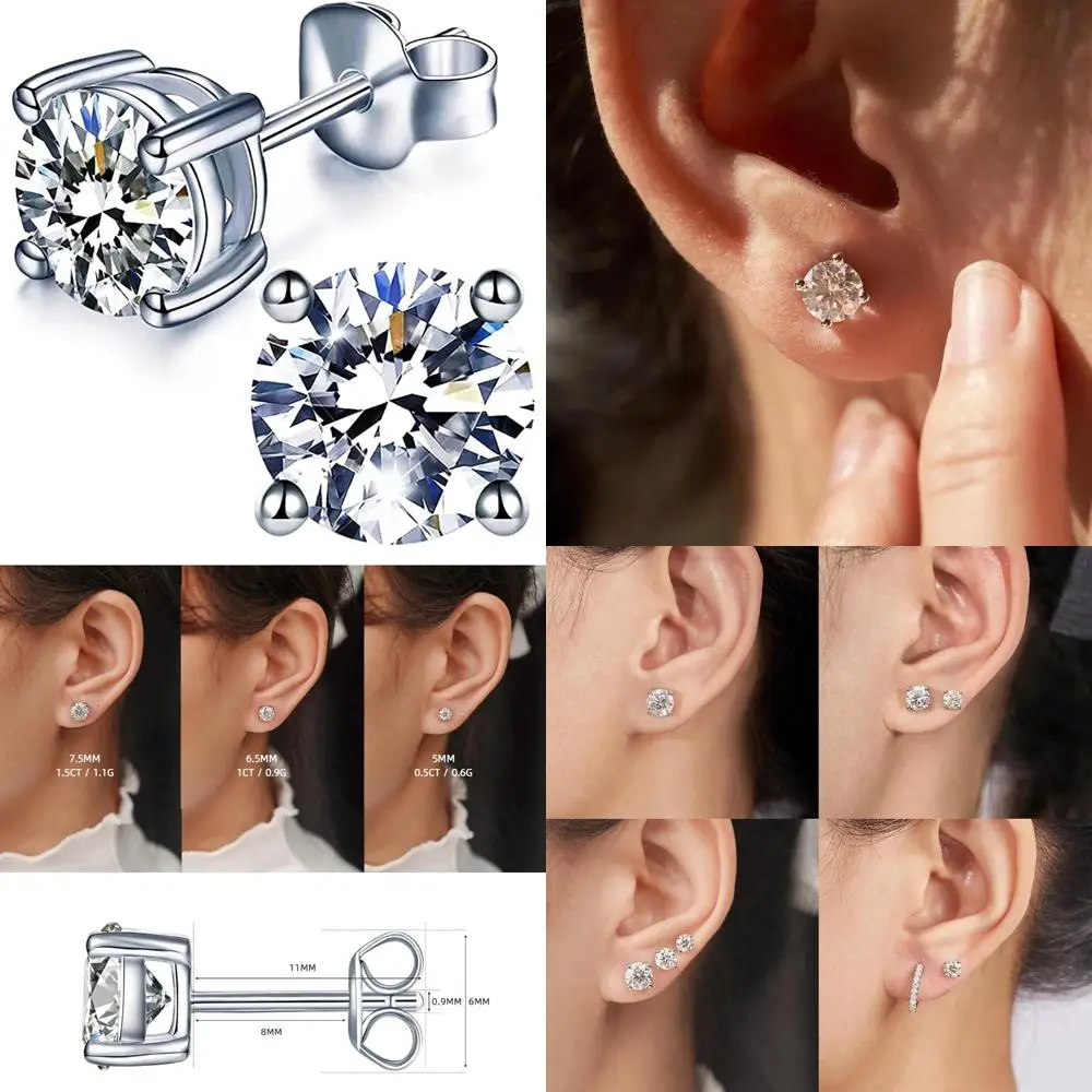 

Lab-Created Moissanite Stud Earrings in 1/2/3 Carats, 925 Sterling Silver, Hypoallergenic, Flat Back, DEF Color, Women's Jewelry