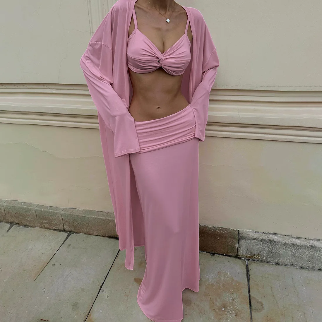 

Absobe, осенне-зимний новый свободный комплект макси-платья со рюшами, женский кардиган с длинными рукавами, однотонный модный повседневный наряд из 2 предметов