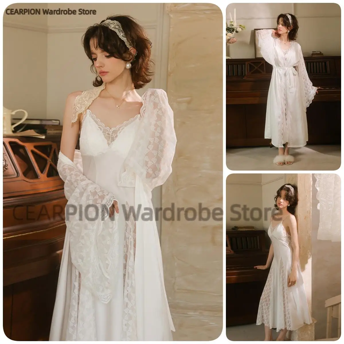 

Women's Summer Vintage Lacekimono Gown Sexy Nighty&robe Set Satin White Thin Home Dress Nightdress Elegant Loose Sleepwear