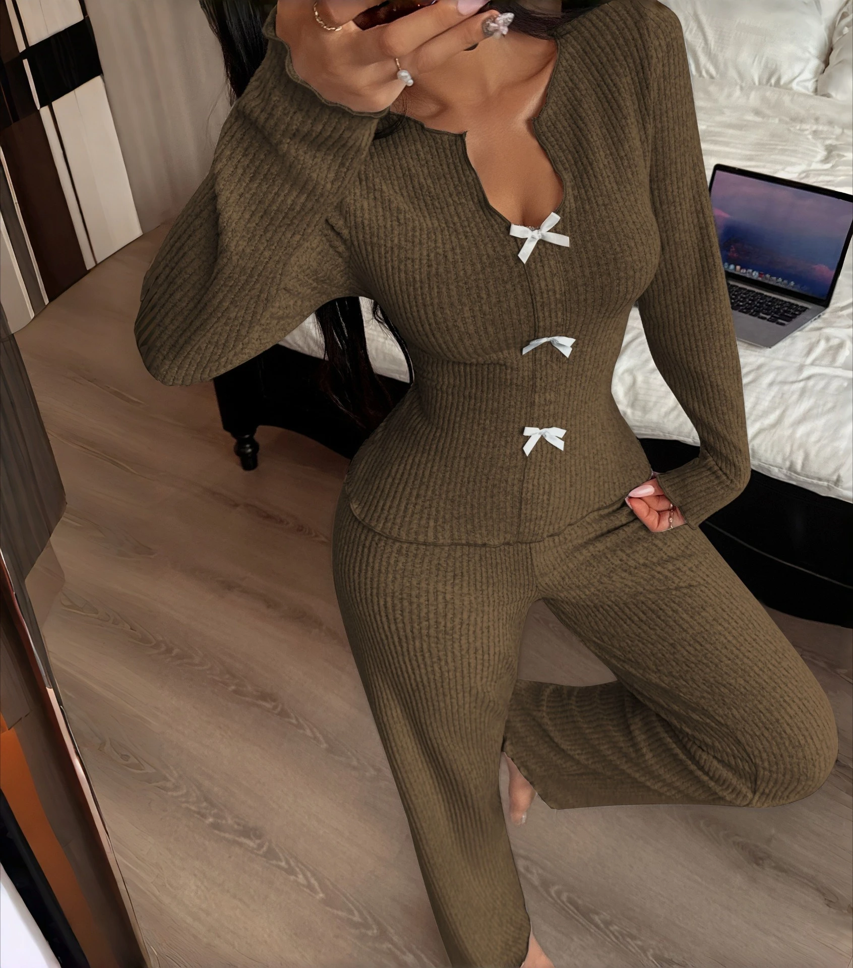 Autumn and Winter Women's V-neck Knitted Sweater Bow Long Sleeve Long Pants Pajama Home Clothes Set 2026