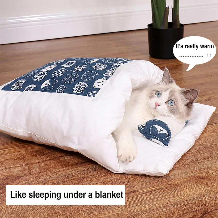 

Cute Pet Sleepg Bag Cat Bed Winter Removable Warm Cats Nest Cushion with Pillow Pet Supplies Japanese Style Cat Bed