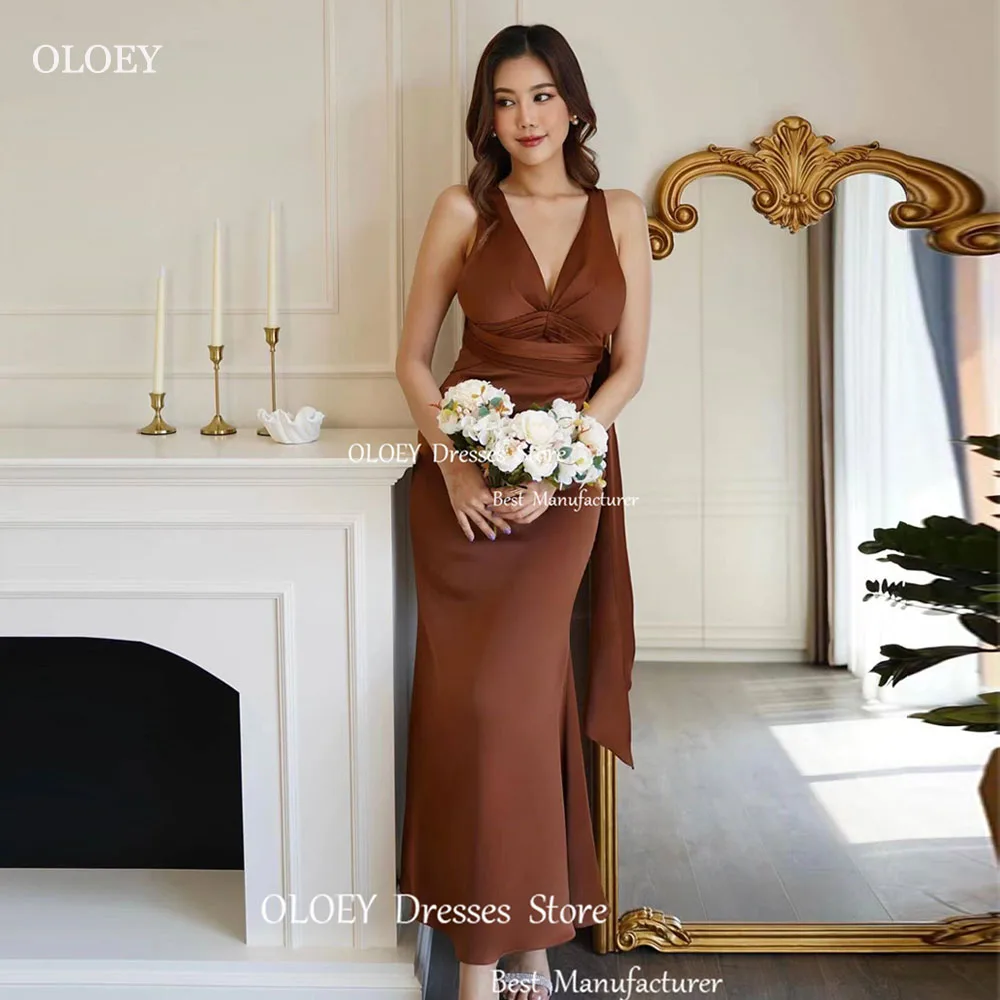 

OLOEY Sexy Silk Satin Mermaid V-Neck Lace Up Evening Gown Dresses Korean Lady Photoshoot Ankle-Length Sleeveless Prom Gowns