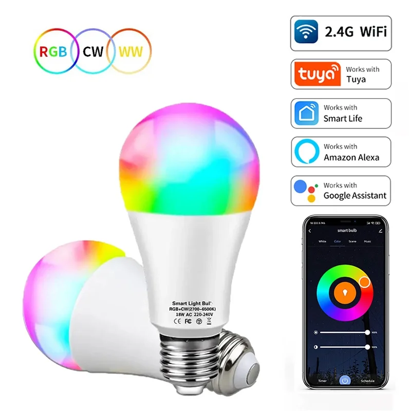 

Tuya WiFi E27 Led Lamp RGB CW WW 12W-18W Bluetooth Led Light Bulb Works With Alexa Amazon Google Home For Smart Life Decoration