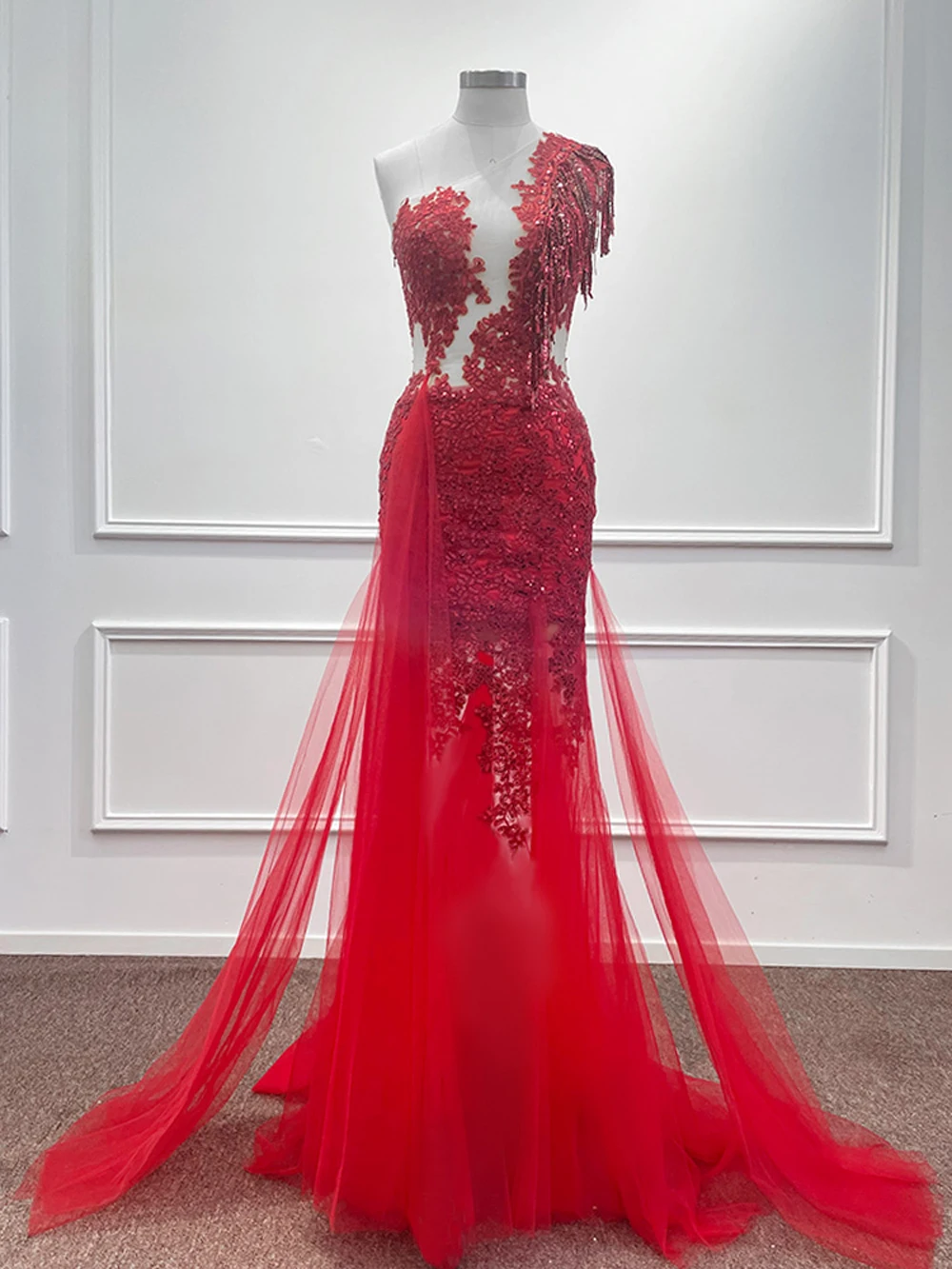 Prom Dresses Floor-length Red Long Mermaid One Shoulder Tulle Lace Prom Dress Sequined Sleeveless Formal Occasion Dresses