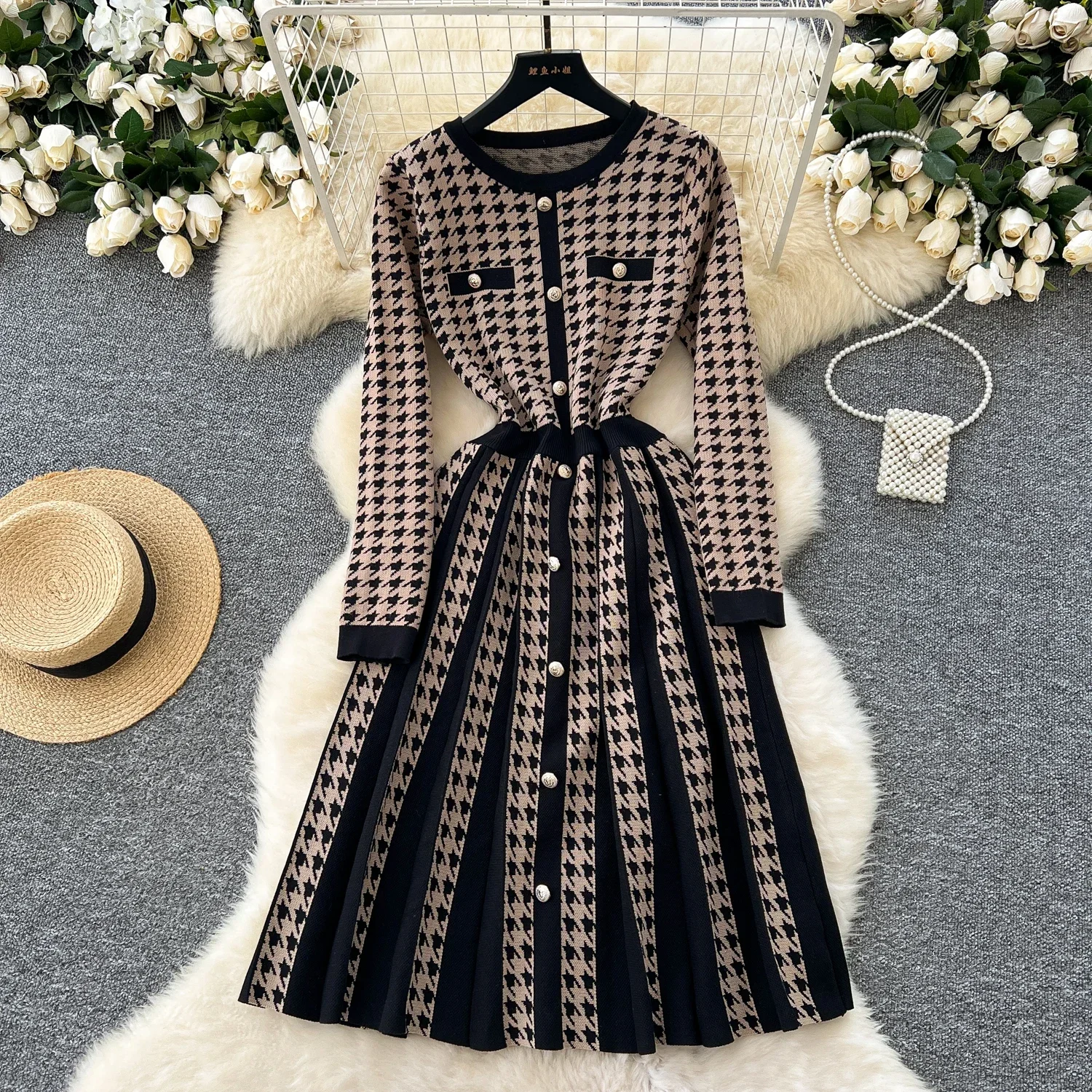 Elegant Patchwork Vintage O-neck Chic Long Sleeve Slim Plaid Metal Buttons Knit Dress Women Korean Evening High Street Clothing