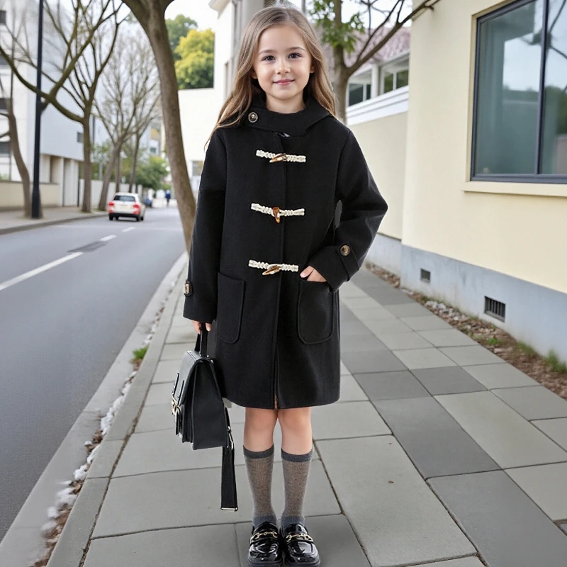 

Girls Winter Wool Coat Double-faced Tweed Overcoat for Kids 8 10 12 14 Years Fashion Casual Grey Teenage Children Long Outerwear