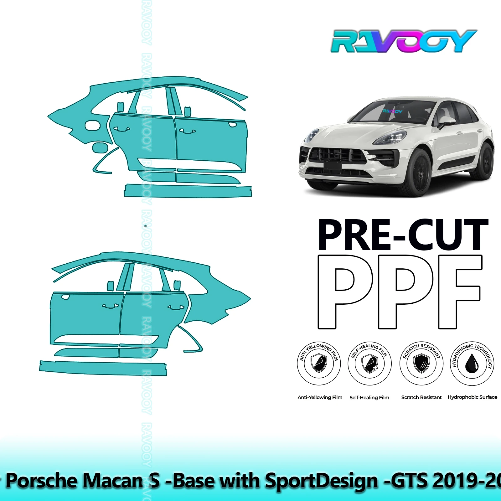 

For Porsche Macan S -Base with SportDesign -GTS 2019-2021 8.5mil Pre-Cut PPF Door & A/B Pillar Kit TPU Paint Protection Film Set