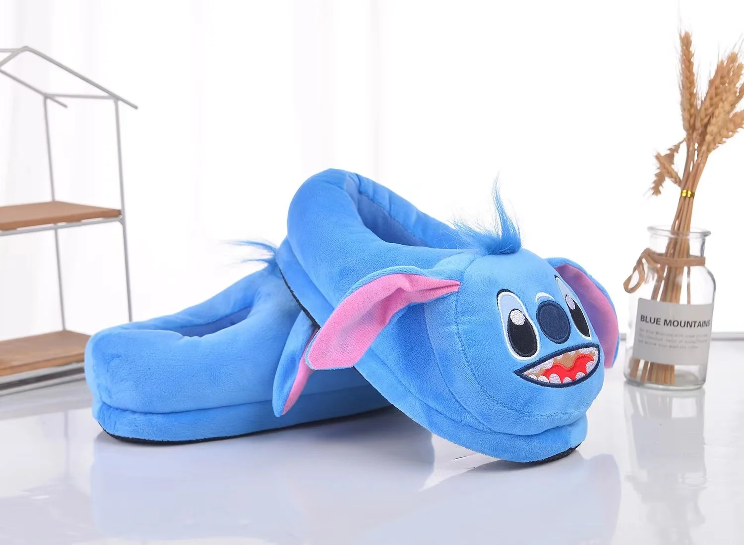 Disney Anime Stitch Winter Heel Cotton Slippers Girl Warm Cartoon Cotton Blue Pink Flats Shoes Uniform Size 35-40 Christmas Gift