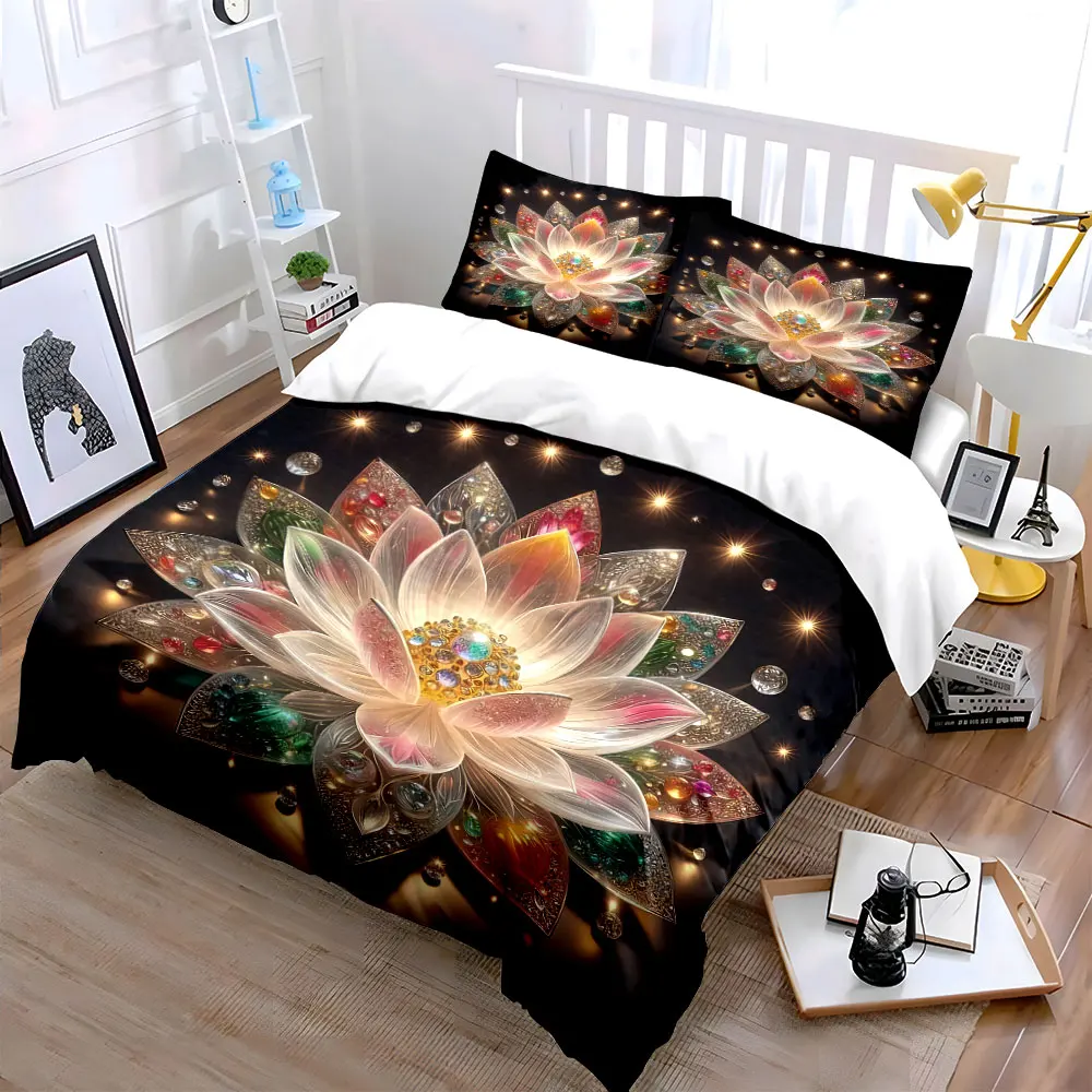 Decorative Lotus Crystal Ornament Set Soft Skin-Friendly Bedding Set Includes 1 Duvet Cover And 2 Pillowcase, Gift