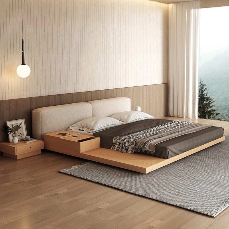 Log wind solid wood, retro bed wabi sand wind master bedroom 2 * 2.2 meters tatami floor-to-ceiling bed