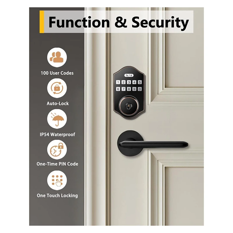 กุญแจล็อคประตูทางเข้าแบบไม่ใช้กุญแจ1ชุดล็อคประตูหน้าอัตโนมัติ100รหัสผู้ใช้ที่มีสลักกุญแจไฟฟ้าป้องกันการออกประตูสีดำ