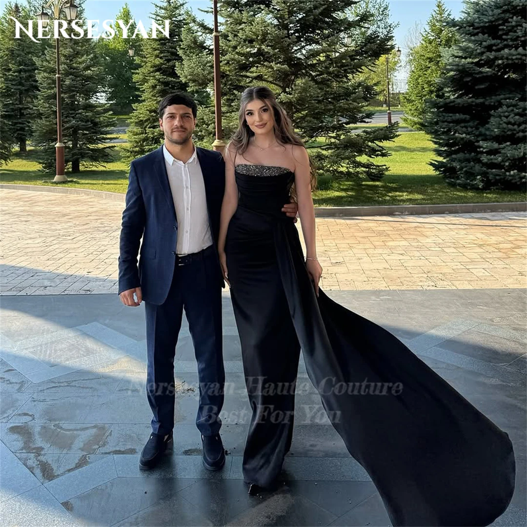 

Nersesyan Glitter Black Mermaid Evening Dresses Sequins Off Shoulder Side Slit Formal Dress Pleats Sparkly Party Gown Customized