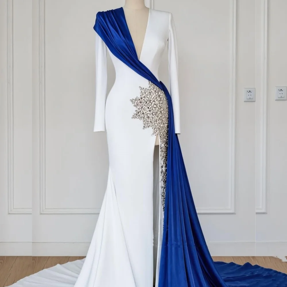 

Customized Sizes Available Jersey Sequined Pleat A-line V-neck Long Dresses Bespoke Occasion Exquisite