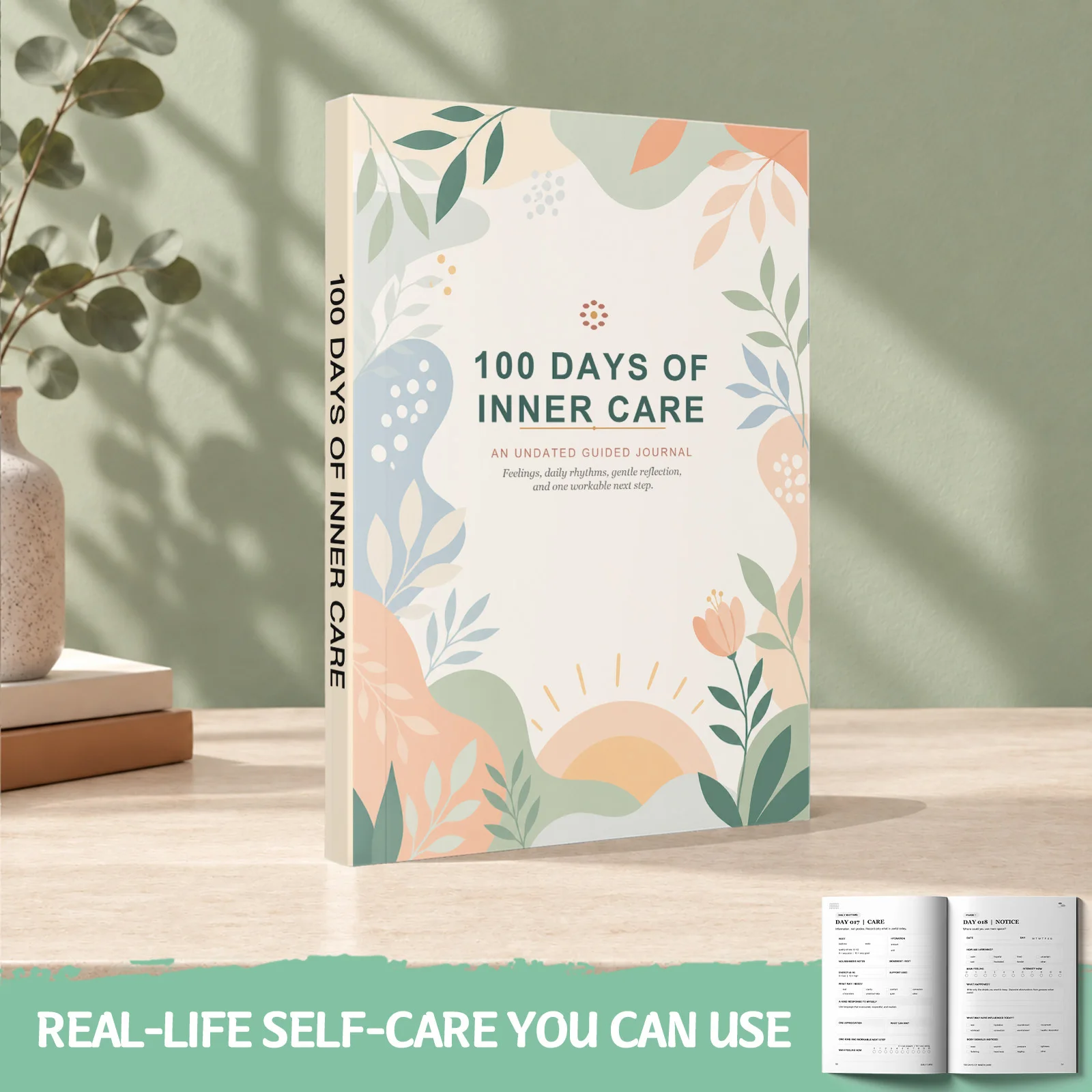 100-Day Inner Care Guided Journal Notebooks, Daily Feelings Check-In, Gentle Self-Reflection, Emotional Wellness, Mindful