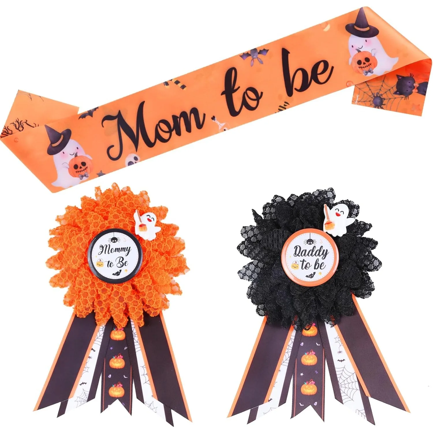 JOYMEMO Halloween Baby Shower Decorations - Mom To Be Dad To Be Corsage Pins, Mom To Be Sash Party Favors, Party Decor Supplies