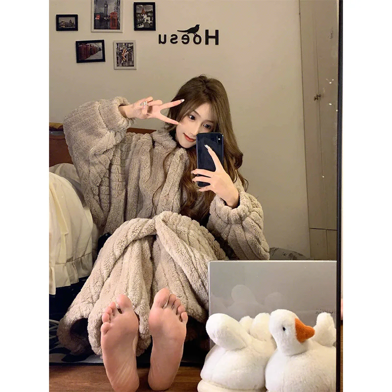 

Халат больших размеров, пижамный комплект домашней одежды, осенне-зимний женский милый плюшевый брючный костюм с капюшоном, теплая женская ночная рубашка, жилет