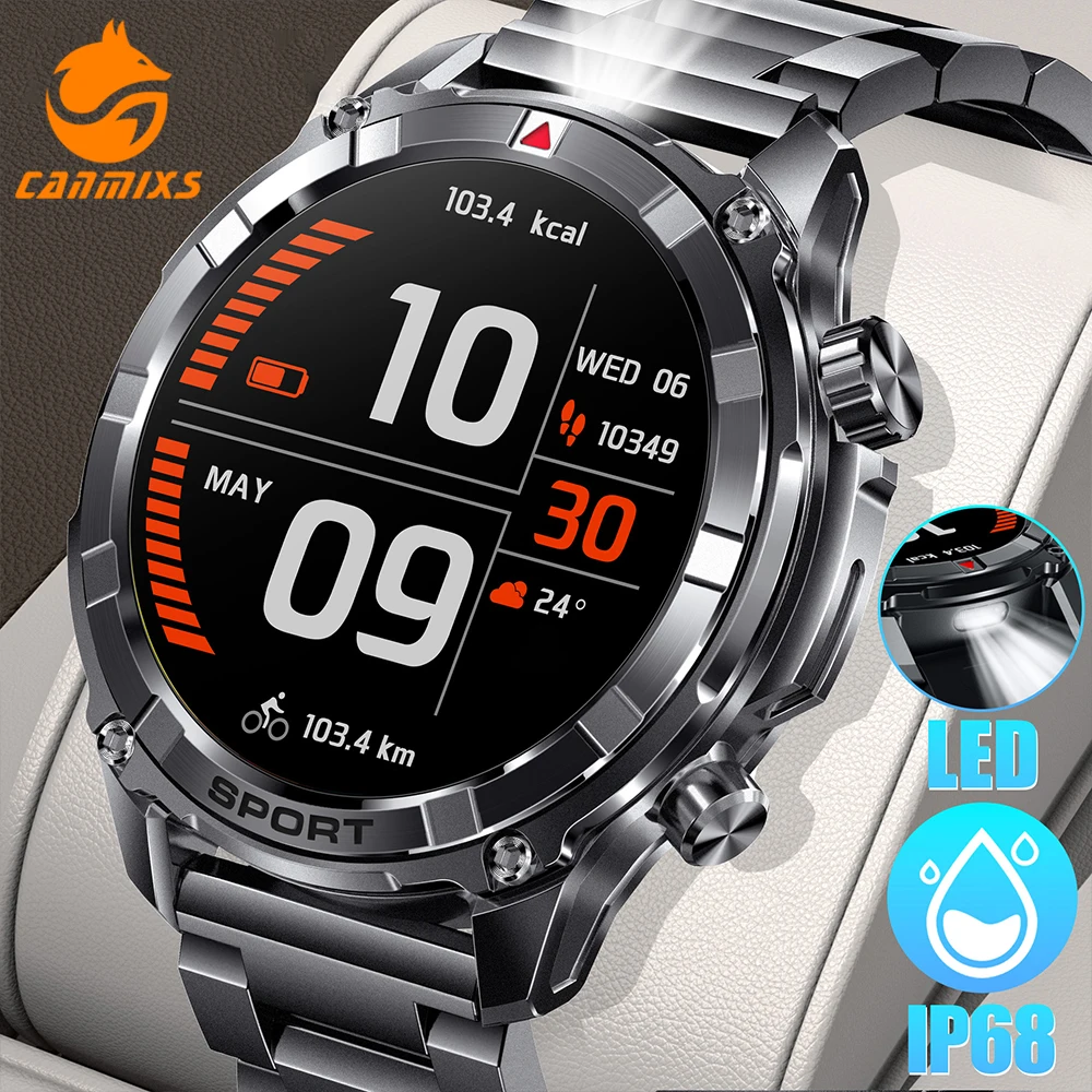 

Светодиодный фонарик, мужские умные часы с беспроводным вызовом, аккумулятор 500 мАч, голосовой помощник, водонепроницаемый IP68, уличный фитнес-трекер