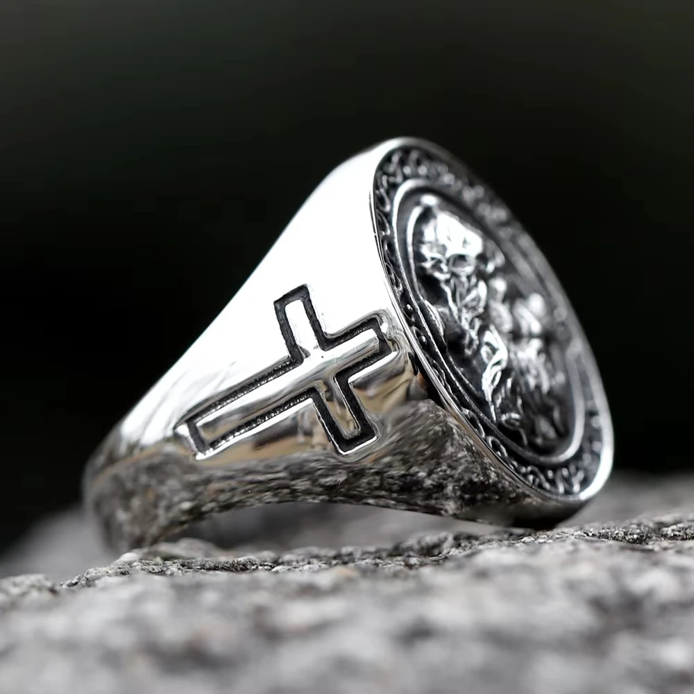 Huaya Men\'s Unique Temperament Lucky Creative Jesus Cross Rings Delicate Silver Color for Men Personality Accessories Trendy