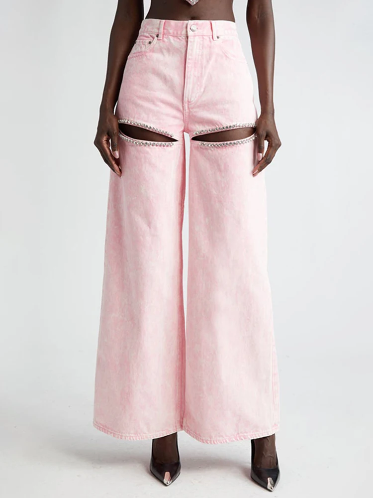  Flash Diamond Embellished Hollow out Pink Denim Wide Leg Pants Women's Heart Butt Long Trousers Trendy High Waist Po...
