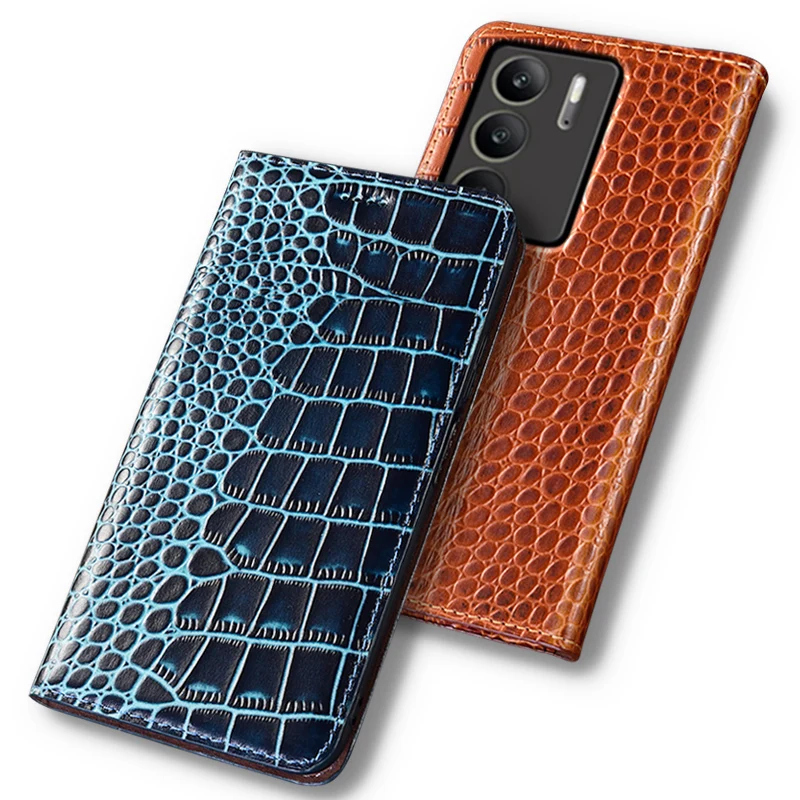 

Flip Case For OPPO Realme C75 Crocodile Pattern Magnetic Cover Luxury Cowhide Genuine Leather Card Pocket Wallet Covers